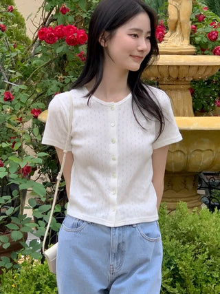 Perforated Cropped Eyelet Cardigan Set