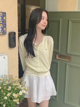 V-neck loose-fitting knit linen cardigan