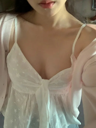 Ribbon Shirring Flower Stitch Lace Bustier Blouse