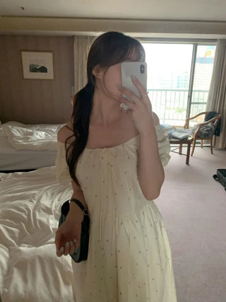 Flower Off-Shoulder Puff Long Dress