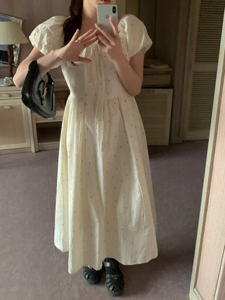 Flower Off-Shoulder Puff Long Dress