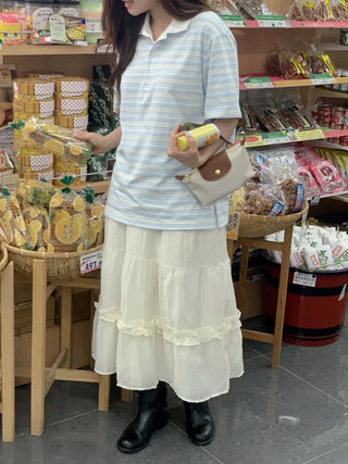 Frilled elastic tiered long skirt