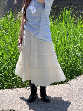 Frilled elastic tiered long skirt