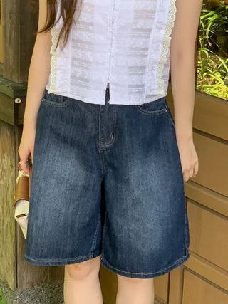 5/8 length wide wash denim shorts