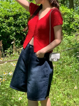 5/8 length wide wash denim shorts
