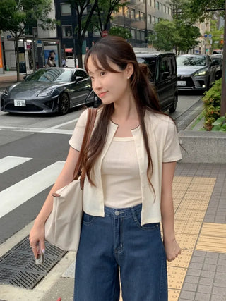 [set] Eyelet punching sleeveless short-sleeved cardigan set