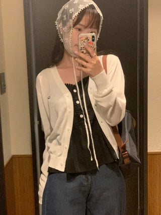 V-neck loose-fitting knit linen cardigan