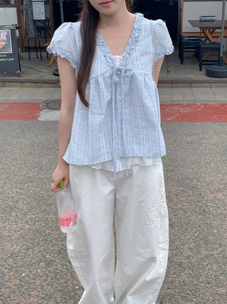 Frill Ribbon Shirring Lace French Sleeve Blouse