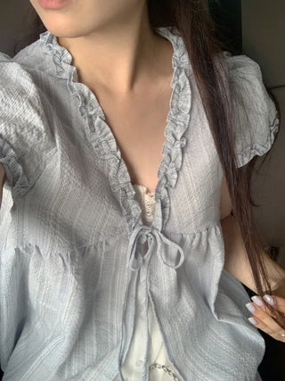 Frill Ribbon Shirring Lace French Sleeve Blouse