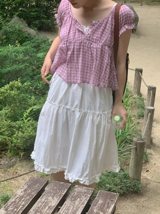 Shirred puff sleeve short-sleeved check blouse
