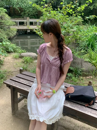 Shirred puff sleeve short-sleeved check blouse
