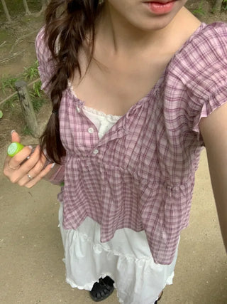 Shirred puff sleeve short-sleeved check blouse