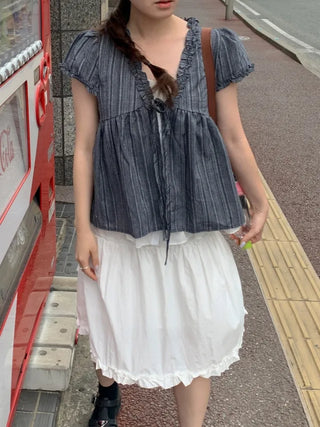 Frill Ribbon Shirring Lace French Sleeve Blouse