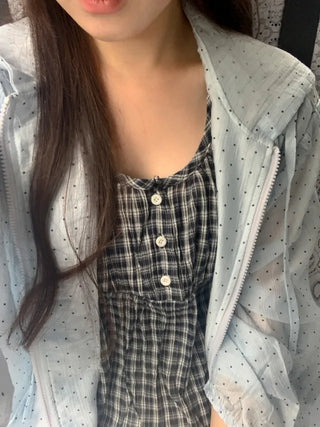 Shirred puff sleeve short-sleeved check blouse