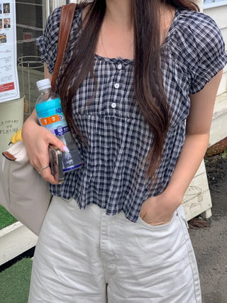 Shirred puff sleeve short-sleeved check blouse