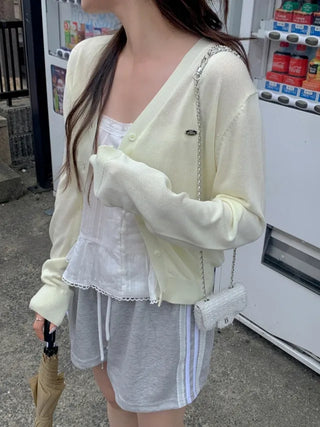 V-neck loose-fitting knit linen cardigan