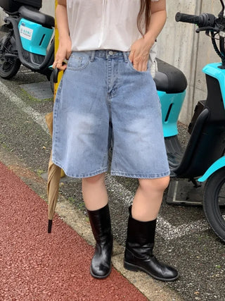 5/8 length wide wash denim shorts