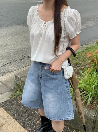 5/8 length wide wash denim shorts