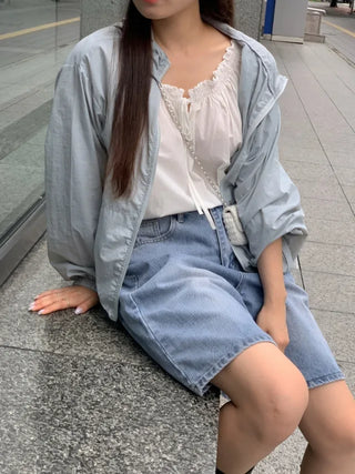5/8 length wide wash denim shorts