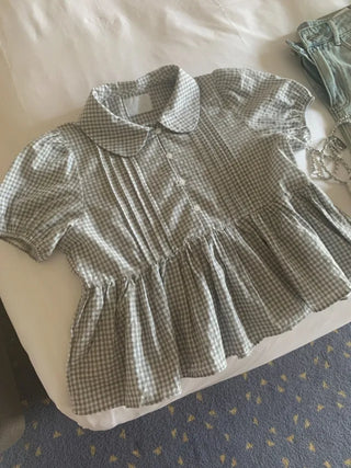 Checkered color frill short-sleeved blouse