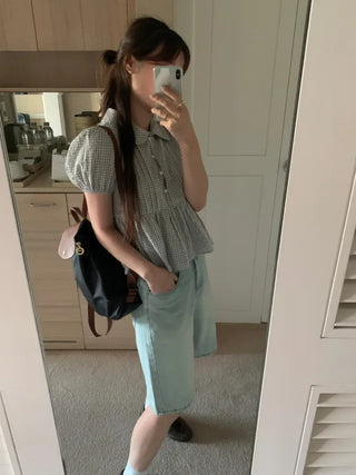 Checkered color frill short-sleeved blouse