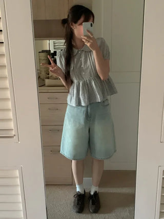Checkered color frill short-sleeved blouse