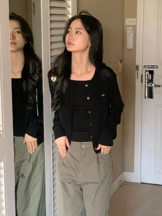 V-neck loose-fitting knit linen cardigan