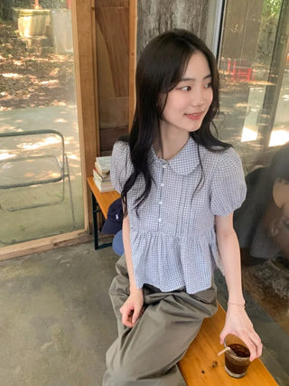 Checkered color frill short-sleeved blouse