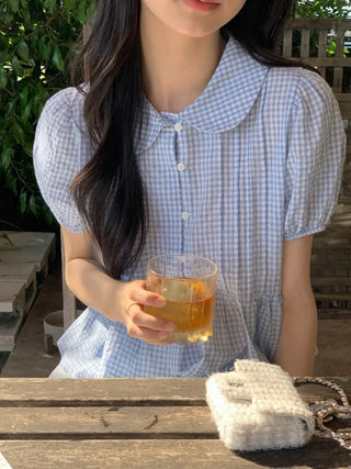 Checkered color frill short-sleeved blouse