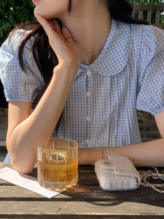 Checkered color frill short-sleeved blouse