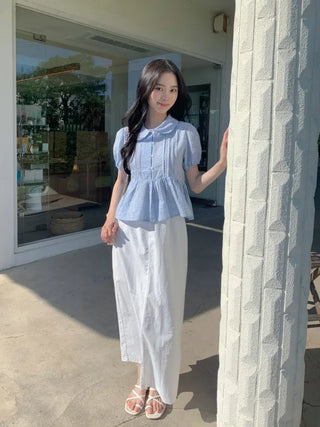 Checkered color frill short-sleeved blouse