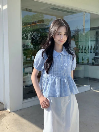 Checkered color frill short-sleeved blouse