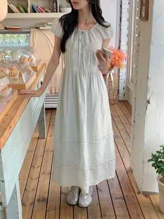Ribbon Shirring Puff Summer Short Sleeve Long Dress