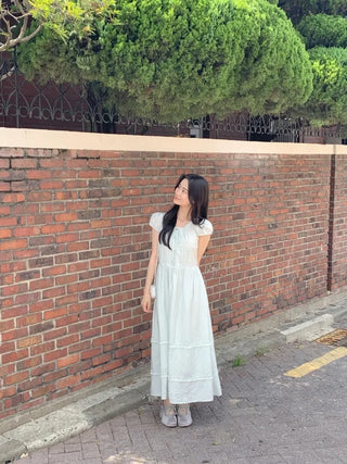 Ribbon Shirring Puff Summer Short Sleeve Long Dress