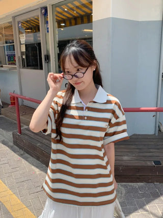 Striped oversized short-sleeved rugby shirt