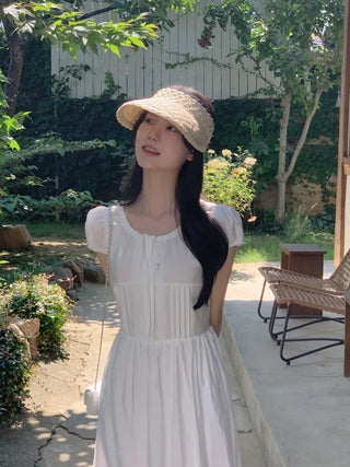 Ribbon Shirring Puff Summer Short Sleeve Long Dress