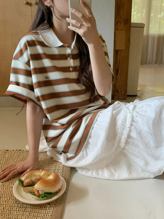 Striped oversized short-sleeved rugby shirt