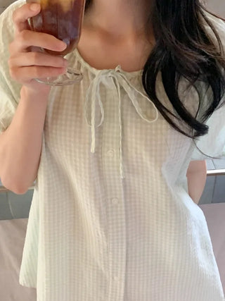 Ribbon Stripe Border Check Pajama Set