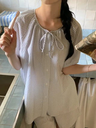 Ribbon Stripe Border Check Pajama Set