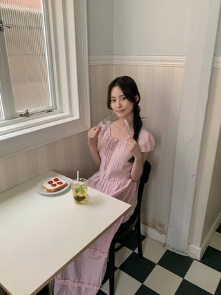 Ribbon Shirring Puff Summer Short Sleeve Long Dress