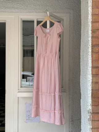 Ribbon Shirring Puff Summer Short Sleeve Long Dress