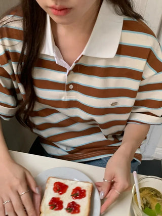 Striped oversized short-sleeved rugby shirt