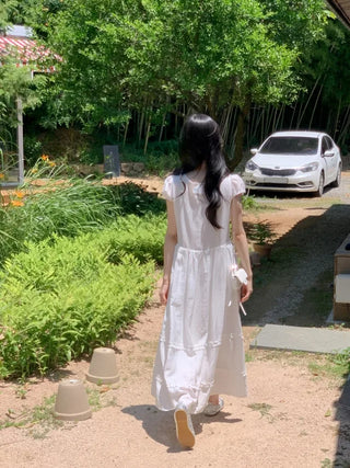 Ribbon Shirring Puff Summer Short Sleeve Long Dress