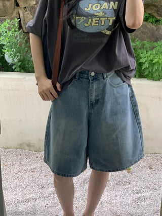 5/8 length wide wash denim shorts