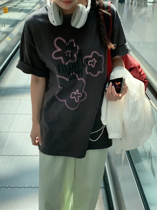 Printed round oversized short-sleeved T-shirt (2c)