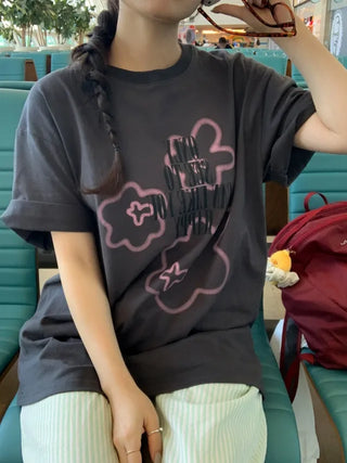 Printed round oversized short-sleeved T-shirt (2c)
