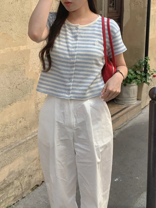 Waffle Stripe Border Short-Sleeve Cardigan