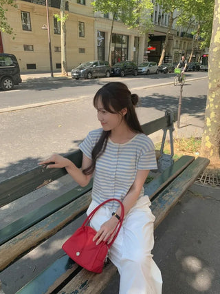 Waffle Stripe Border Short-Sleeve Cardigan