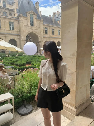 Organza cropped short-sleeved blouse