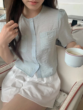 Organza cropped short-sleeved blouse